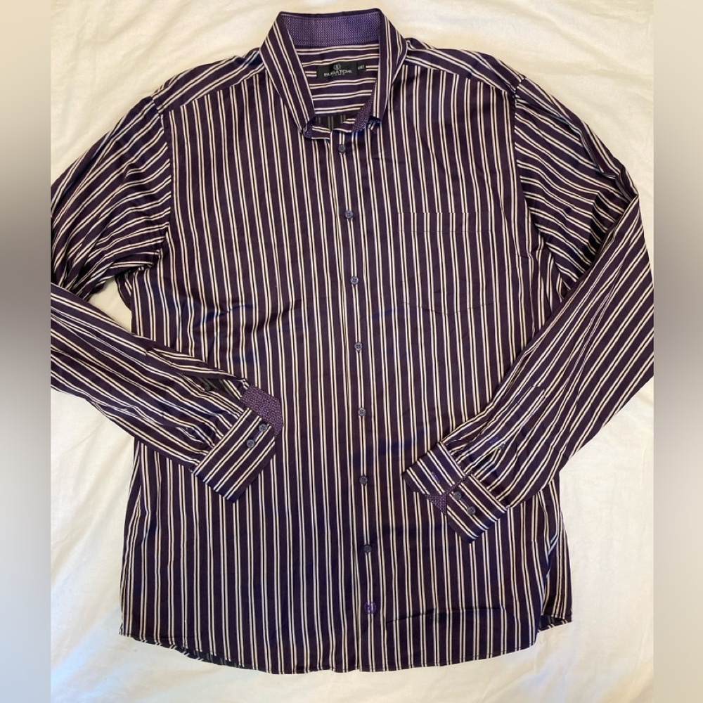 Mens BUGATCHI UOMO PURPLE WHITE STRIPED Button Down CLUB SHIRT XXL